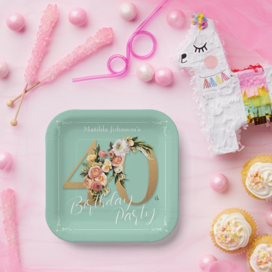 Goldminte 40. Geburtstag Hübscher Blumenchic Pappteller (Party)