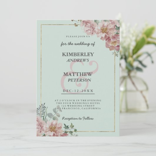 Goldminze grüne Rosa Blumenzange Einladung (Stehend Vorderseite)