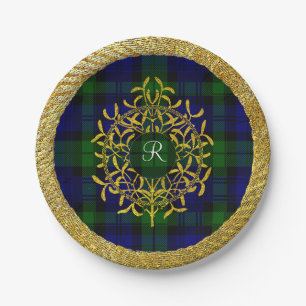 Goldmistelzweig Blackwatch kariertes Monogramm Pappteller