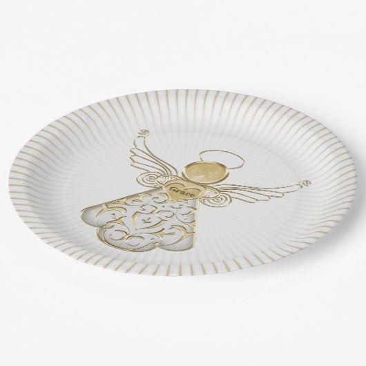 Goldmit filigran geschmückter Weihnachtsengel der Pappteller (Schrägansicht)