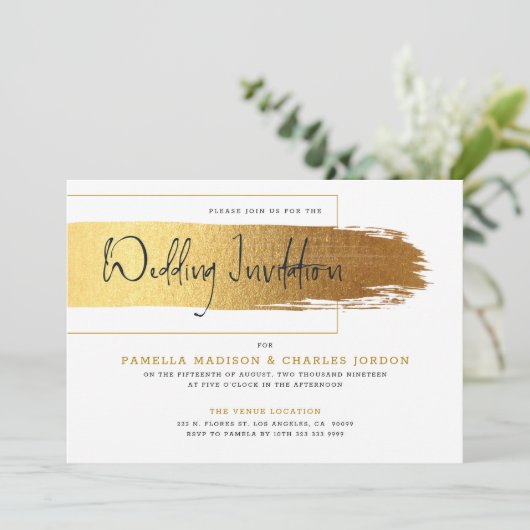 Goldmoderne Pinselstriche, schwarz Einladung (Stehend Vorderseite)