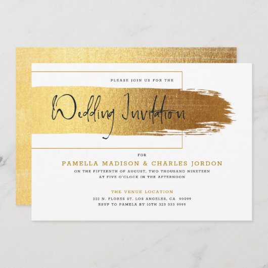 Goldmoderne Pinselstriche, schwarz Einladung (Vorne/Hinten)