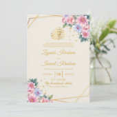 Goldmoderne rosa florale islamische Hochzeit Einladung (Stehend Vorderseite)