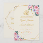 Goldmoderne rosa florale islamische Hochzeit Einladung (Vorne/Hinten)