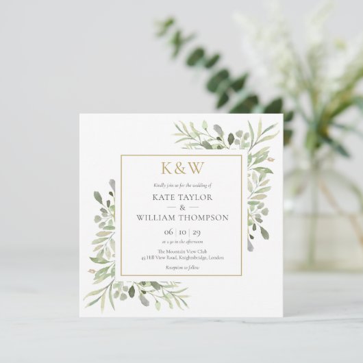 Goldmonogram Greenery Square Wedding Einladung (Stehend Vorderseite)