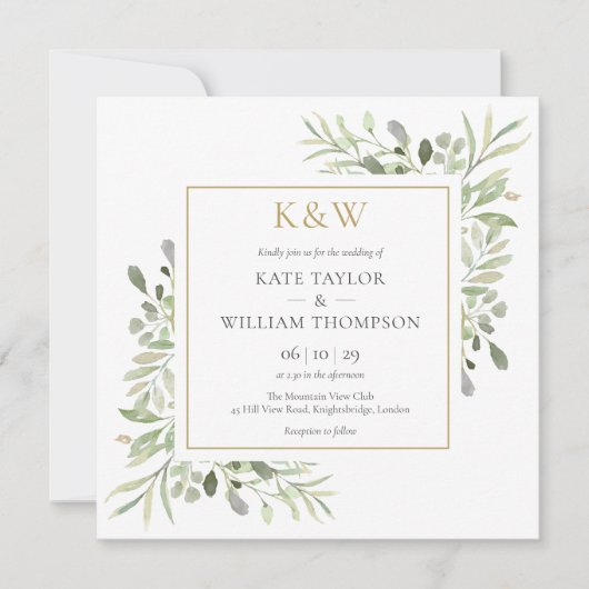 Goldmonogram Greenery Square Wedding Einladung (Vorderseite)