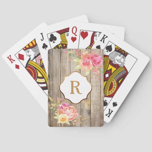 Goldmonogramm auf rosa Blume Rustikales Holz Spielkarten (Rückseite)
