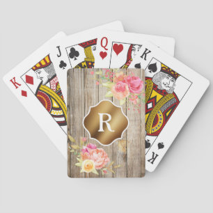 Goldmonogramm auf rosa Blumen und rustikalem Holz Spielkarten