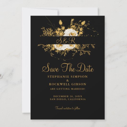 Goldmonogramm auf Schwarz-Braut-Groom-Hochzeit Save The Date (Vorderseite)
