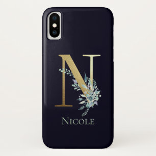 Goldmonogramm Buchstabe N Navy Blau Floral Name Case-Mate iPhone Hülle