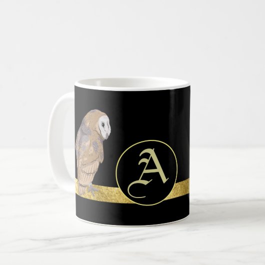 Goldmonogramm der Eule, schwarzer Hintergrund Kaffeetasse (Vorderseite Links)