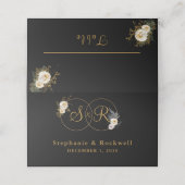 Goldmonogramm für die erste Hochzeit mit schwarzem Platzkarte (Außenseite Aufgefaltet)