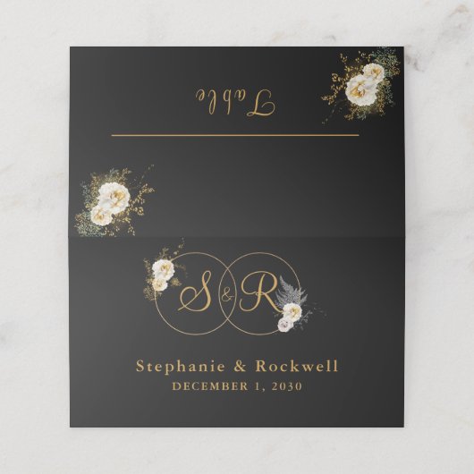Goldmonogramm für die erste Hochzeit mit schwarzem Platzkarte (Außenseite Aufgefaltet)