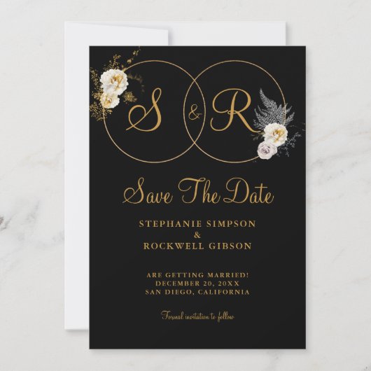 Goldmonogramm für die erste Hochzeit mit schwarzem Save The Date (Vorderseite)