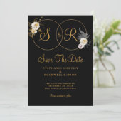 Goldmonogramm für die erste Hochzeit mit schwarzem Save The Date (Stehend Vorderseite)
