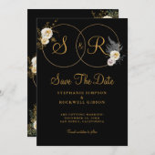 Goldmonogramm für die erste Hochzeit mit schwarzem Save The Date (Vorne/Hinten)