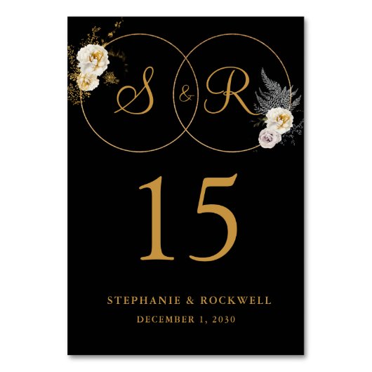 Goldmonogramm für die erste Hochzeit mit schwarzem Tischnummer (Rückseite)