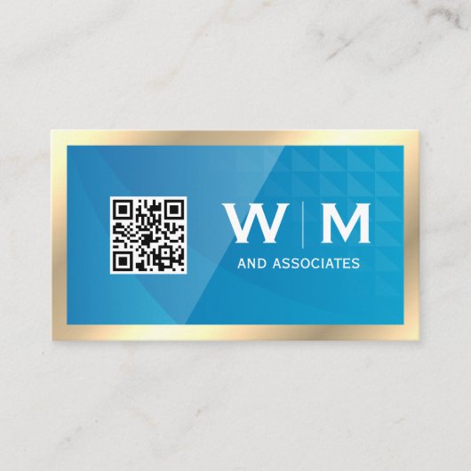 Goldmonogramm | QR-Code | Blue Geometric Visitenkarte (Vorderseite)