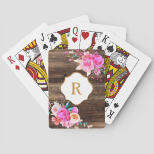 Goldmonogramm rosa Blumen rustikales braunes Holz Spielkarten