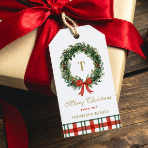 Goldmonogramm-Weihnachtskranz Rot Grün Kariert Geschenkanhänger