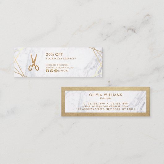 Goldmuster-Schere Marmor-HairStylist-Rabatt Mini Visitenkarte (Vorne/Hinten)