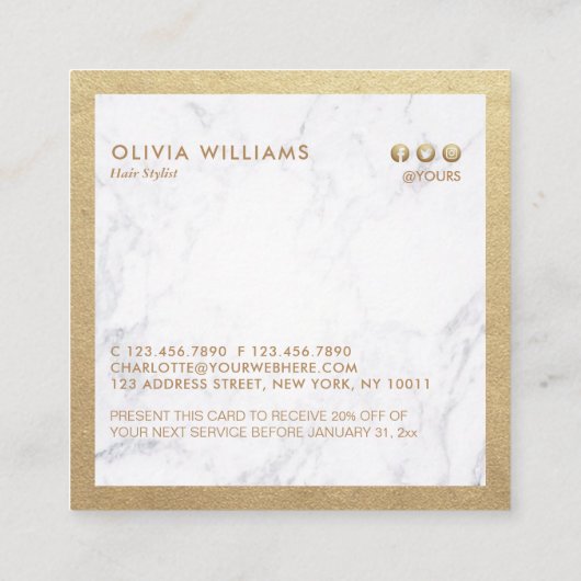 Goldmuster-Schere Marmor-HairStylist-Rabatt Quadratische Visitenkarte (Rückseite)