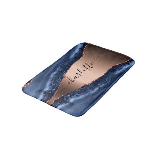 Goldnamensskript der Rose Blauer Marmor Badematte (Schrägansicht)