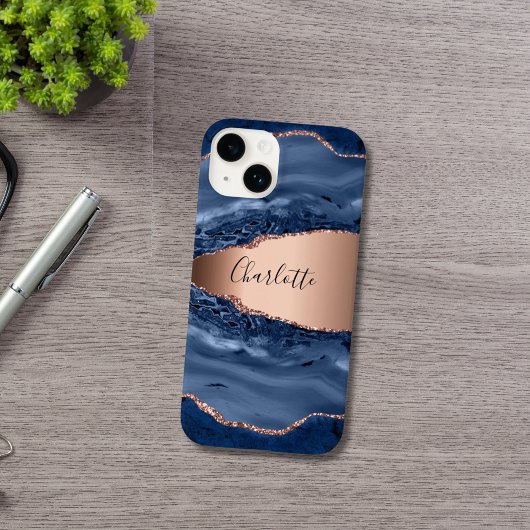 Goldnamensskript der Rose Blauer Marmor Case-Mate iPhone Hülle