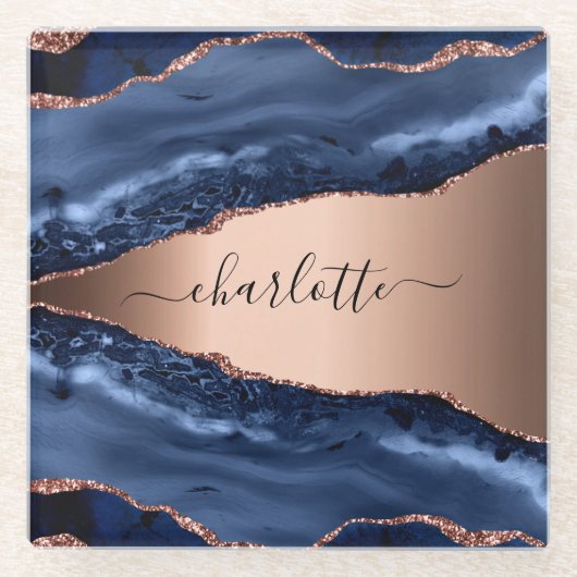 Goldnamensskript der Rose Blauer Marmor Glasuntersetzer (Vorderseite)