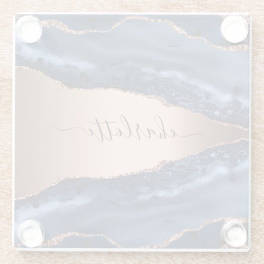 Goldnamensskript der Rose Blauer Marmor Glasuntersetzer (Rückseite)