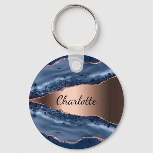 Goldnamensskript der Rose Blauer Marmor Schlüsselanhänger (Vorderseite)