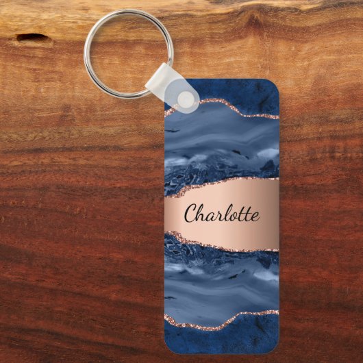 Goldnamensskript der Rose Blauer Marmor Schlüsselanhänger (Vorderseite)