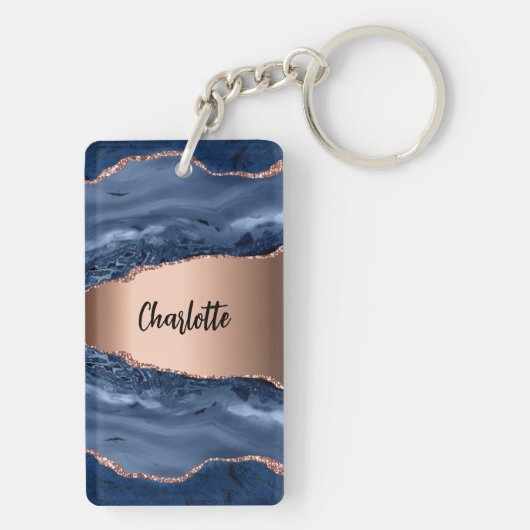 Goldnamensskript der Rose Blauer Marmor Schlüsselanhänger (Rückseite)