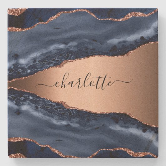 Goldnamensskript der Rose Blauer Marmor Steinuntersetzer (Vorderseite)