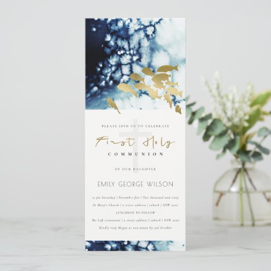 GOLDNAVEN UNTER WASSER FISH ERSTE HOLY COMMUNION EINLADUNG (Stehend Vorderseite)