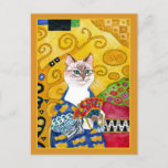 Goldniedliche Katze Gustav Klimt mit Fan Postkarte<br><div class="desc">Dieses ist eine Parodie der Porträtmalerei Gustav Klimts "der Frau mit einem Fan."  Meine Version kennzeichnet eine Katze.  Sie können die Grenzfarbe ändern,  wenn Sie möchten.  Dieses Bild ist auch auf anderen Produkten in meinem Zazzle Speicher verfügbar.</div>