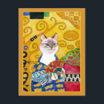 Goldniedliche Katze Gustav Klimt mit Fan Postkarte<br><div class="desc">Dieses ist eine Parodie der Porträtmalerei Gustav Klimts "der Frau mit einem Fan."  Meine Version kennzeichnet eine Katze.  Sie können die Grenzfarbe ändern,  wenn Sie möchten.  Dieses Bild ist auch auf anderen Produkten in meinem Zazzle Speicher verfügbar.</div>