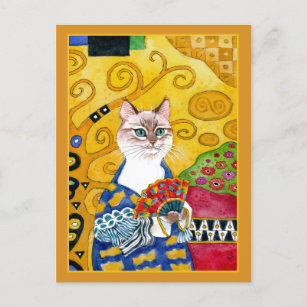 Goldniedliche Katze Gustav Klimt mit Fan Postkarte
