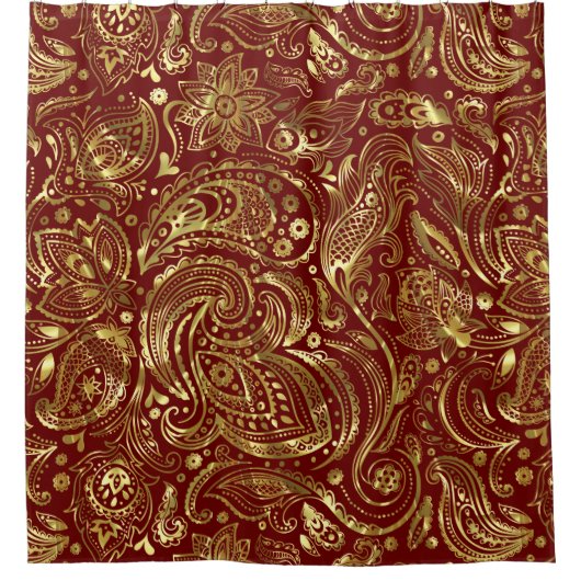 Goldpaisley aus Shiny auf dunkelrotem Hintergrund Duschvorhang (Vorderseite)