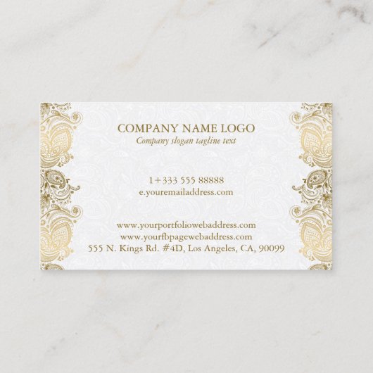 Goldpaisley-Grenze auf weißem Hochzeitsplaner Visitenkarte (Rückseite)