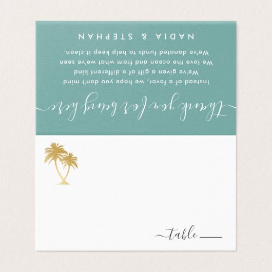Goldpalme-Platzkarte mit Strand-Spenden-Gedicht Visitenkarten (Außenseite Aufgefaltet)