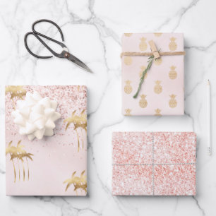 Goldpalme Trees Pink Ombre Glitzer     Geschenkpapier Set