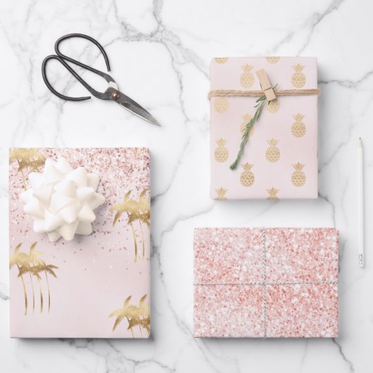 Goldpalme Trees Pink Ombre Glitzer     Geschenkpapier Set (Vorderseite)