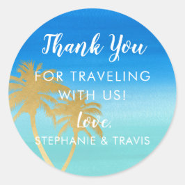 Goldpalmenbaum auf Blue Watercolor Beach Hochzeit Runder Aufkleber