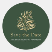 Goldpalmenblatt Save the Date Hochzeitsfeier Umsch Runder Aufkleber (Vorderseite)