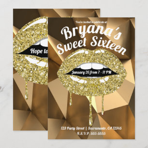 Goldparty Luxus Glitter Tröpfchen Lippen Sweet 16 Einladung