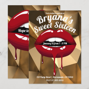 Goldparty Luxus Rote tropfende Lippen Sweet 16 Einladung
