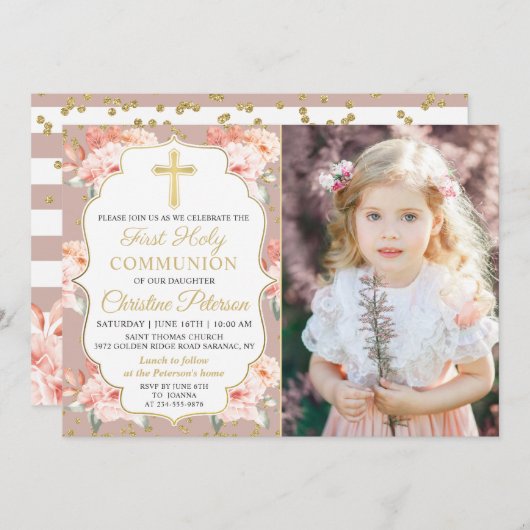 Goldpastel Cora Floral Foto 1. Einladung (Vorne/Hinten)