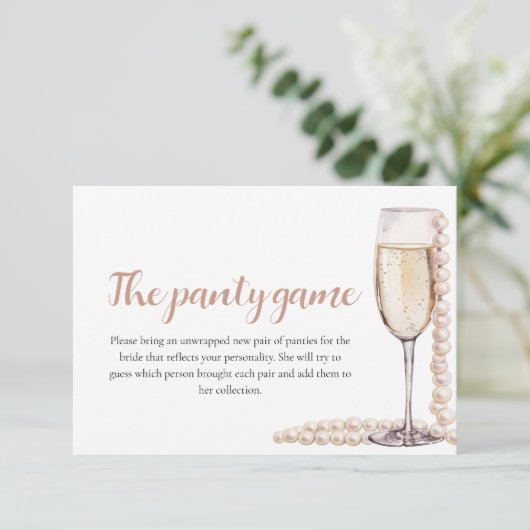 Goldperlen und Prosecco Brautparty Panty Game Begleitkarte (Stehend Vorderseite)