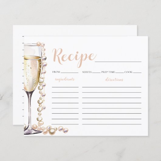 Goldperlen und Prosecco Brautparty Rezept-Karte (Vorne/Hinten)